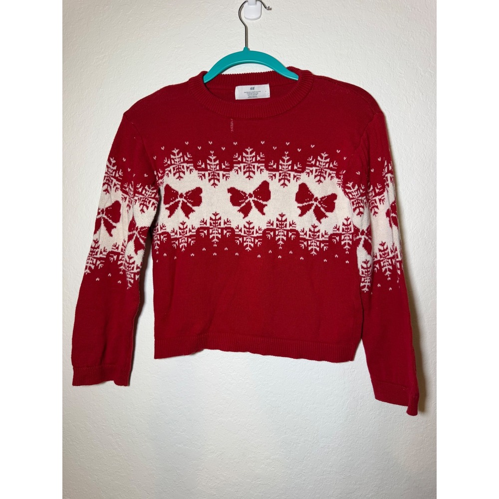 HM Girls Red Fair Isle Snowflake Bow Holiday Sweater Sz 8-10Y Festive Knit Flaw